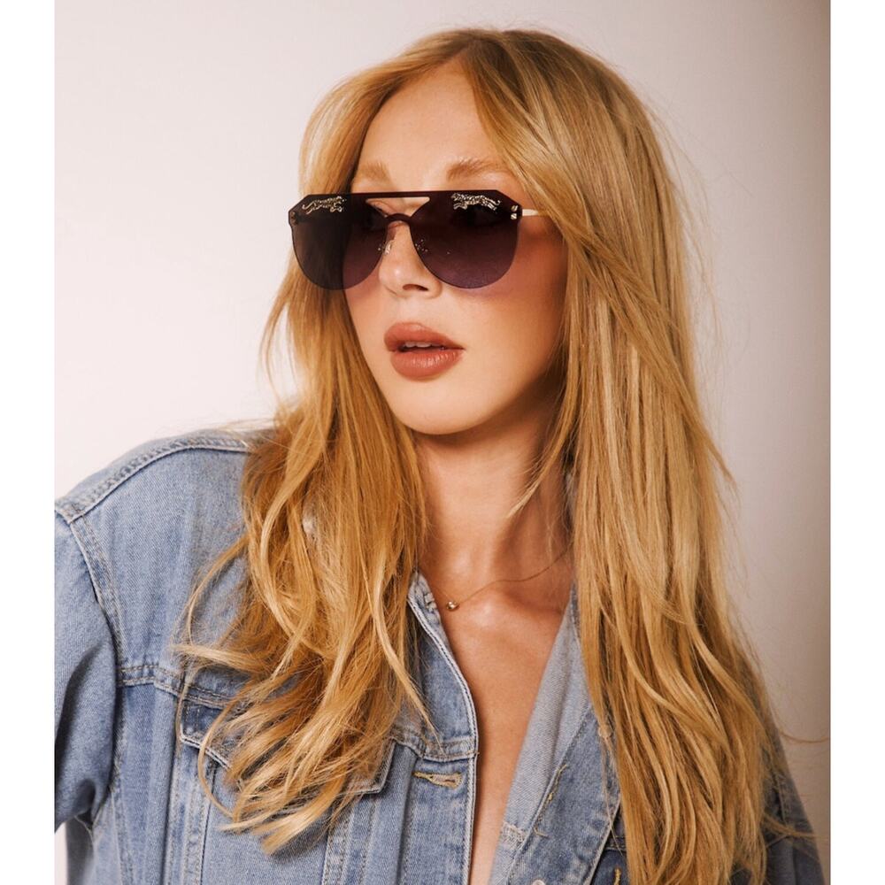 LUXURY Rimless Oversized Cateye Leopard Tiger Sunglasses Gold Accent Black NEW